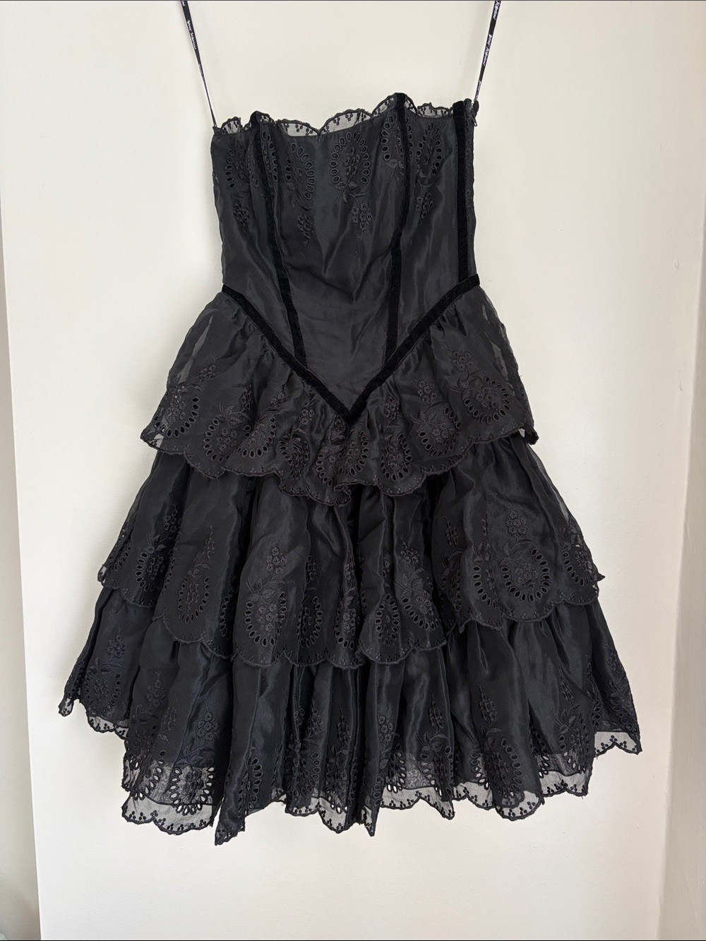 Betsey Johnson Black Strapless Eyelet Tiered Mini Dress